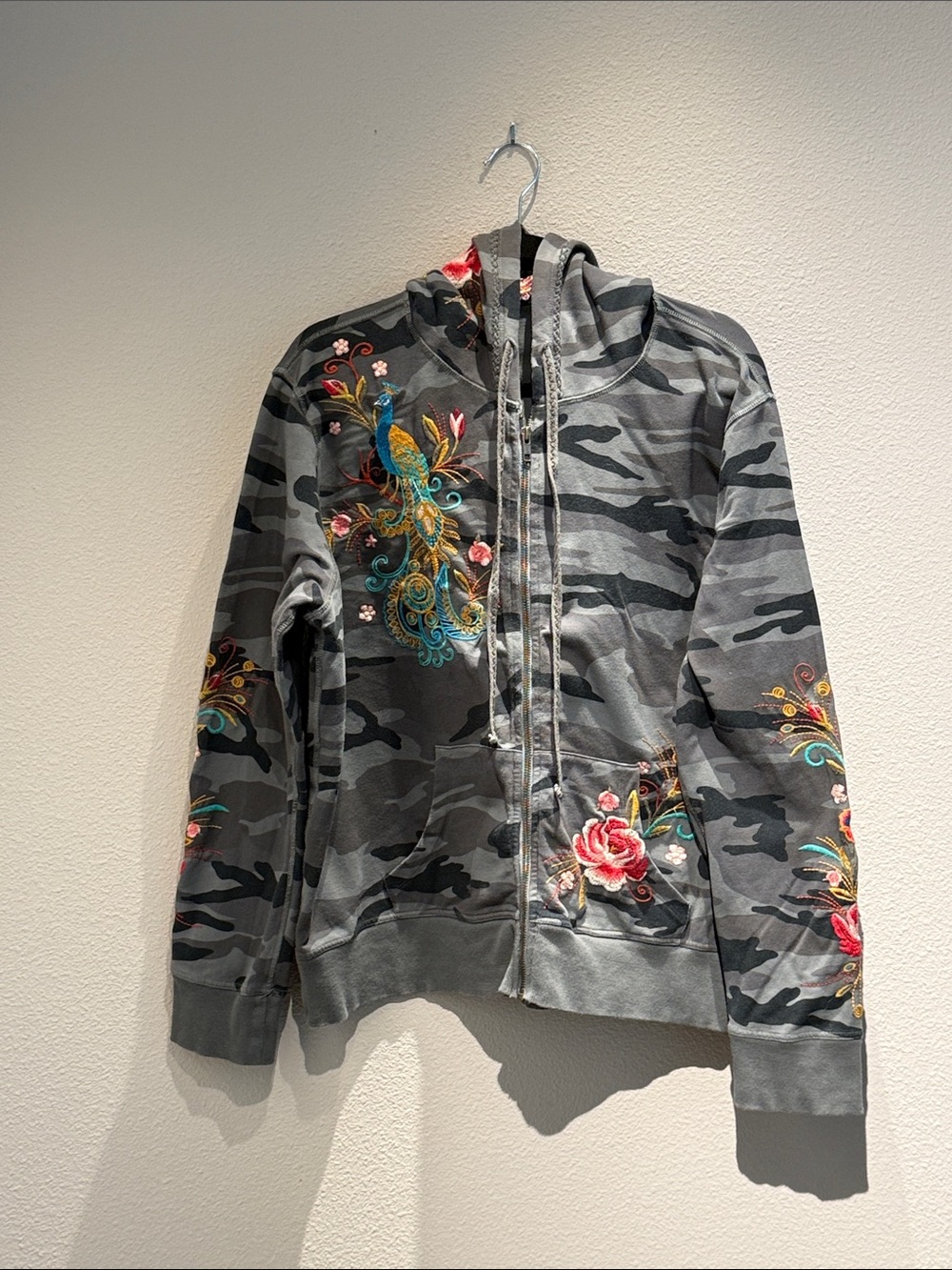 Johnny Was Gray Camo Hoodie with Multicolor Floral Embroidery